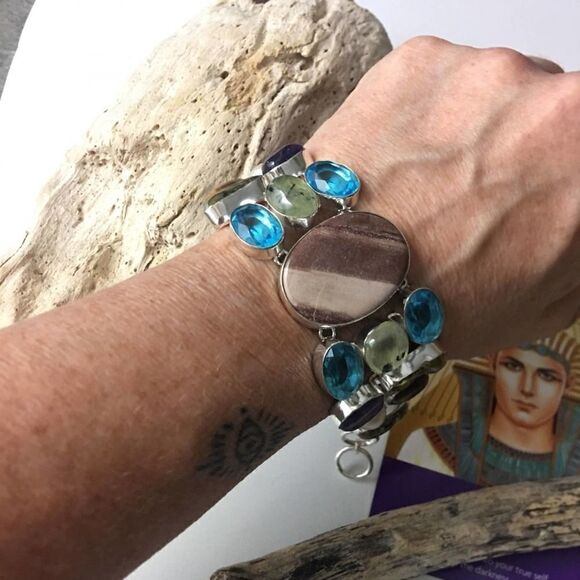 Agate, Blue Topaz, Pearl Mix Gemstone Sterling Silver Toggle Bracelet - Picture 2 of 7